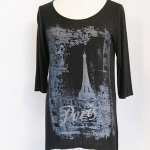 Paris Eiffel Tower-Knit Black T-Shirt-Shaped Hem